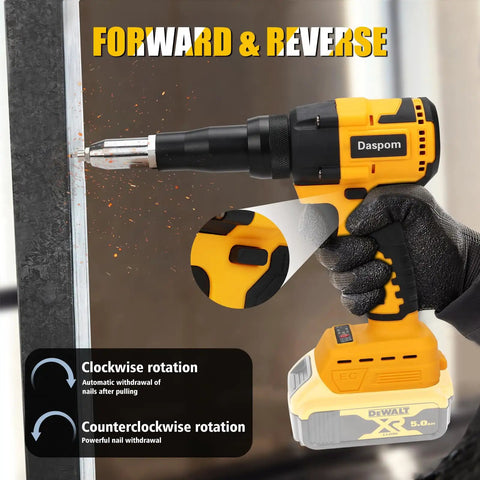 Daspom Cordless Pop Rivet Gun With Brushless Motor demonstrating forward and reverse rotation on metal surface.