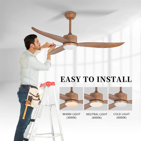 Man installing 52 Inch Indoor And Outdoor Ceiling Fan With Remote Control Quiet Reversible DC Motor 3 ABS Blades Wood Texture Finish