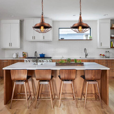 Industrial Pendant Lights 2 Pack For Kitchen Island Farmhouse Style Hanging Fixtures With Adjustable Chains and Rustic Metal Wire Cage Vintage Red Finish