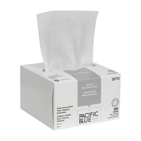 Delicate task wipe box by Pacific Blue basic, white 1-ply recycled fiber, 280-count.