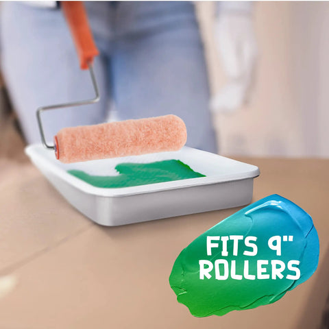 Heavy Duty 9 Inch Metal Paint Tray With Reusable Pan And 10 Pack 9 Inch White Plastic Liners Paint Roller Tray Set For Home DIY Projects And Job Sites with roller