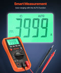 All In One Digital Multimeter With 4000 Count TRMS Readouts For DC And AC Voltage And Current with probes, displaying 3999 A
