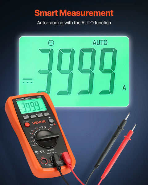 All In One Digital Multimeter With 4000 Count TRMS Readouts For DC And AC Voltage And Current with probes, displaying 3999 A
