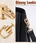 8 Pack D Rings For Purses With Punch Kit 360 Degree Rotatable Bag Hardware shown in gold finish on black handbag