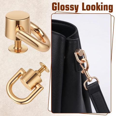 8 Pack D Rings For Purses With Punch Kit 360 Degree Rotatable Bag Hardware shown in gold finish on black handbag