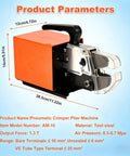 Heavy Duty Pneumatic Terminal Crimping Tool With Foot Pedal Operated Air Plier Machine For 0.5 To 16mm2 Wires side view with parameters shown.