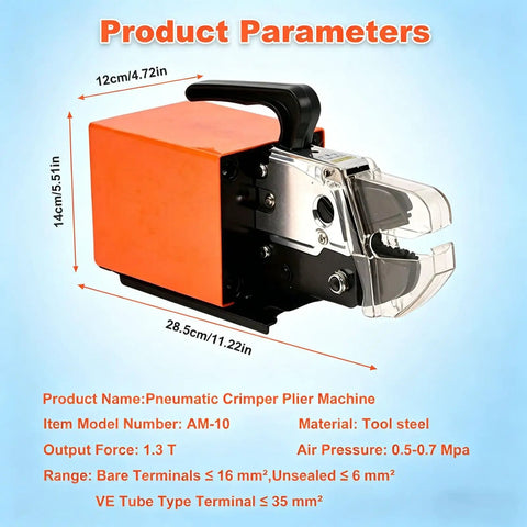 Heavy Duty Pneumatic Terminal Crimping Tool With Foot Pedal Operated Air Plier Machine For 0.5 To 16mm2 Wires side view with parameters shown.