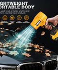 Cordless 20V Max Leaf Blower with high speed brushless motor clearing leaves on car, handheld jet fan for quick patio cleanup, battery not included