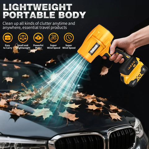Cordless 20V Max Leaf Blower with high speed brushless motor clearing leaves on car, handheld jet fan for quick patio cleanup, battery not included