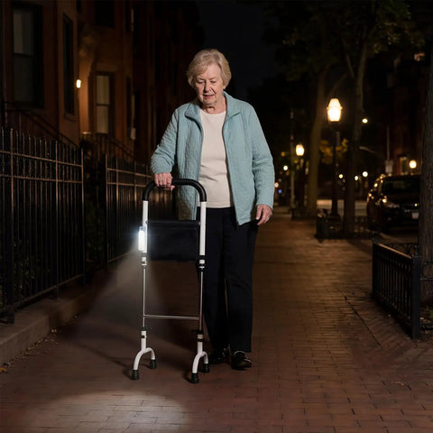 Elderly woman outdoors at night using Stand Assist Rail for Elderly and Seniors, Quad Cane Mobility Aid With Four Point Support