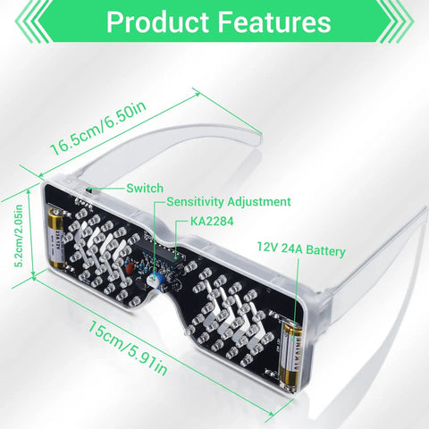 Diagram of DIY Voice Activated LED Glasses Kit with Battery, showing dimensions and components like sensitivity adjustment and switch.