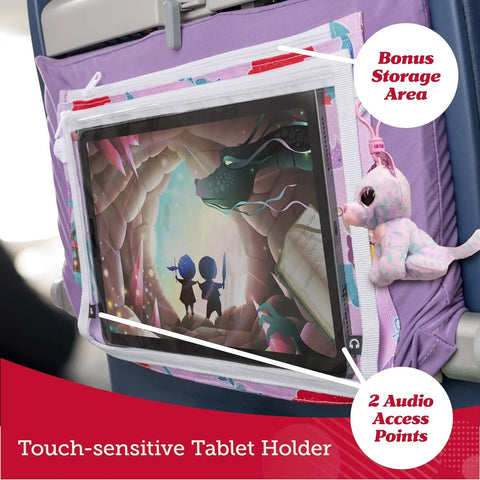 Kids Airplane Tray Table Cover With Storage Pockets For Toys And Snacks Portable Travel Organizer For Toddlers Fits Most Airplane Trays Dino Theme Easy Access On The Go Travel Essentials showing touch-sensitive tablet holder with cartoon image.