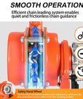Close-up of Lever Chain Hoist 1 Ton 3M Chain Length Manual Ratchet Puller Hoist with focus on chain system for smooth operation.