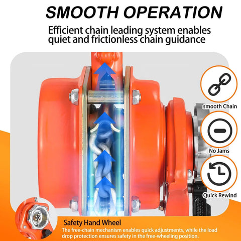 Close-up of Lever Chain Hoist 1 Ton 3M Chain Length Manual Ratchet Puller Hoist with focus on chain system for smooth operation.