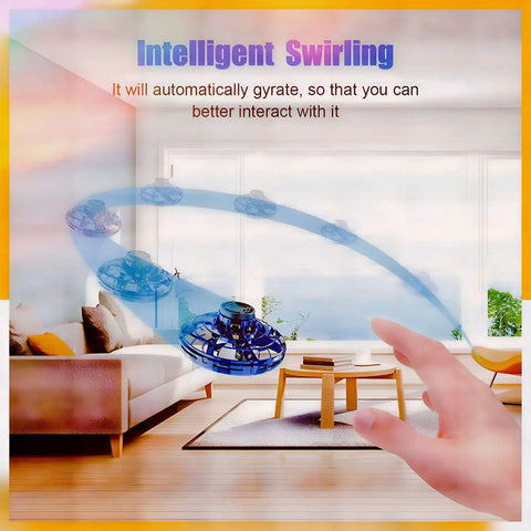 Hand Operated Mini Drone Orb With LED Lights UFO Magic Flying Spinner hovering indoors near a hand in a modern room setting