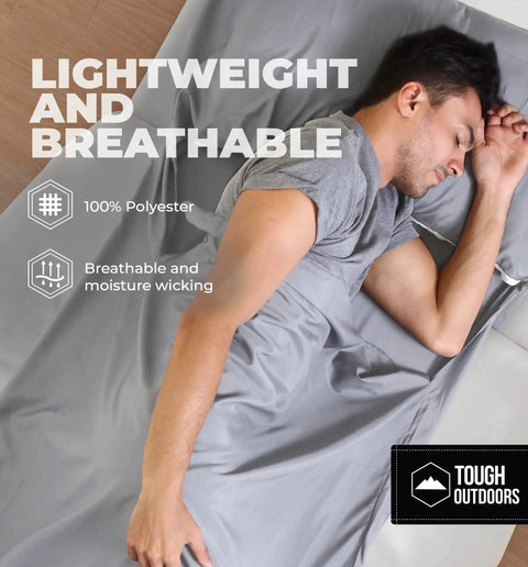 Man sleeping in Ultra Lightweight Sleeping Bag Liner For Adults Travel Sleep Sack And Hotel Sheets, gray, polyester
