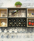 Industrial Iron And Raw Wood Wall Mounted Wine Rack, Heavy Duty Hanging Bottle Holder displaying wine bottles and stemware.