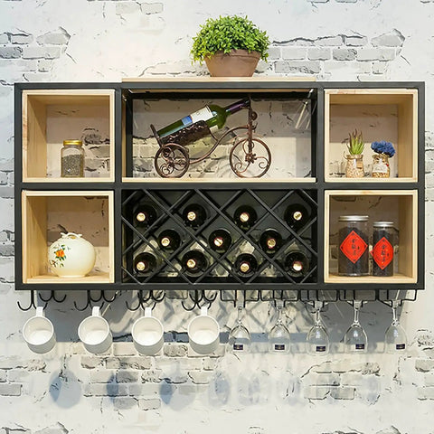Industrial Iron And Raw Wood Wall Mounted Wine Rack, Heavy Duty Hanging Bottle Holder displaying wine bottles and stemware.