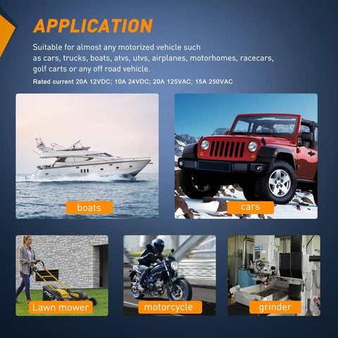 Application examples for Heavy Duty Rocker Toggle Switch SPST 2 Pin On Off 15A 250V And 20A 125V Waterproof in boats, cars, and more.