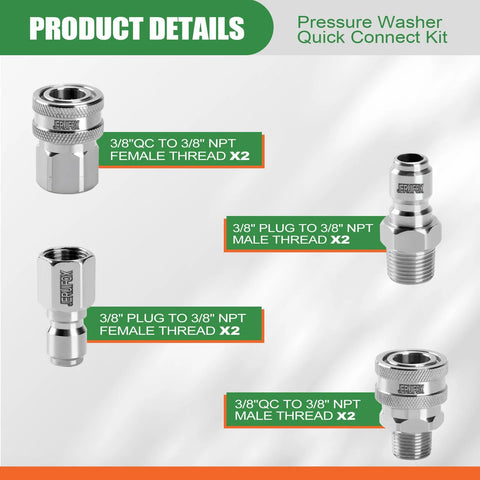 Pressure washer quick-connect kit with stainless steel 3/8 in female and male thread fittings, 8-piece set Amazon