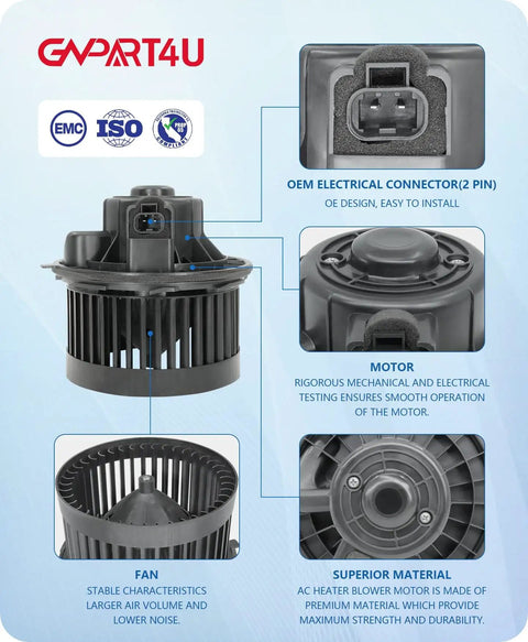 Front HVAC Blower Motor for Chevy Tahoe 2000-2006, plug-and-play install, showing OEM electrical connector and fan details.