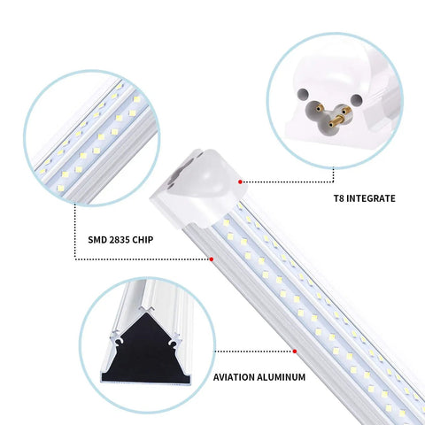Close-up of 8 Foot Ultra Bright V Shaped Led Shop Light Fixture With Clear Cover 120W 14400 Lumens 6000K Cold White Linkable Tubes