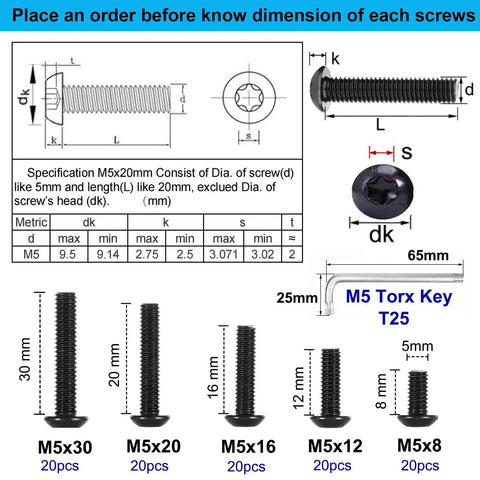 Top Notch Grade 10.9 Socket Bolts, Assorted Button Head Torx Screws With T25 Wrench, Fully Threaded M5 Machine Screws Set dimensions and details.