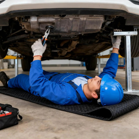 Mechanic using Rolling Creeper Mat For Mechanics 58x27 Inch Durable Oil And Water Resistant Garage Floor Pad foldable car repair pad.