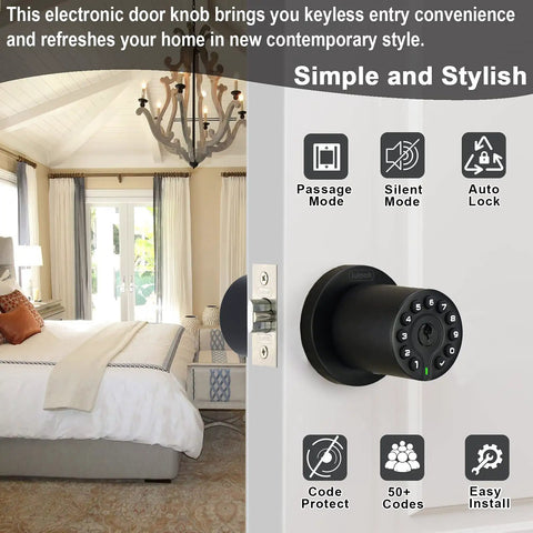 Keyless Entry Door Lock With Backlit Keypad And Master Code Electronic Door Knob with bedroom view, features listed on door