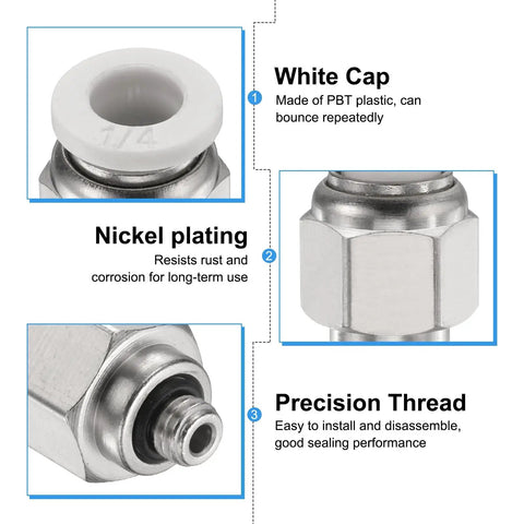 Components of Push To Connect Fittings 1 Quarter Inch Tube OD To 10-32 UNF Male Straight Union Copper Quick Connect Pneumatic Fittings