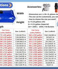 Specifications of Massive Capacity Collapsible Water Bladder Tank For Gardens And Farms with accessories and size chart.