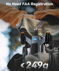 Compact foldable 4K GPS drone under 249g resting on backpack, dimensions highlighted, no FAA registration needed