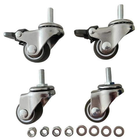 Smooth Rollin 1 Inch Stem Casters Set Of 4 Premium Mini Universal Wheels With M6x15mm Thread, displaying steel wheels and nuts.