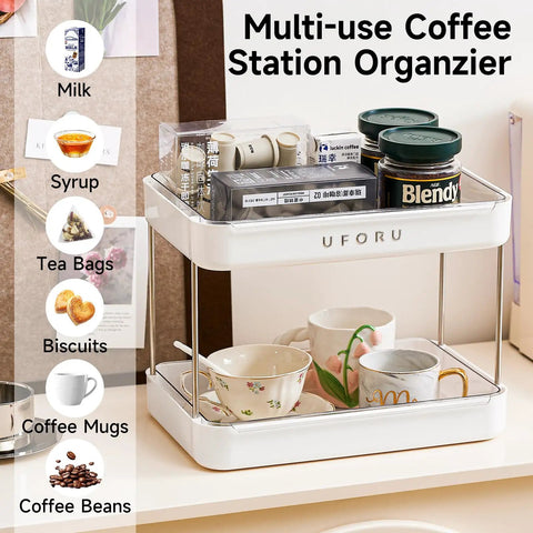 Coffee Bar Organizer Station With 2 Tier Mug Rack And Removable Drain Tray displayed with various coffees and teas.