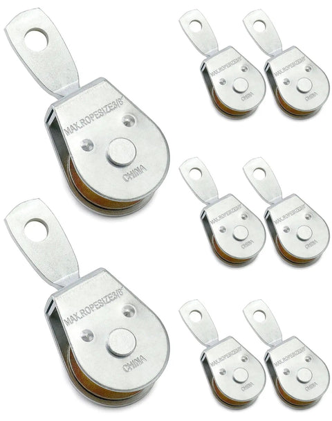 8 Pack Heavy Duty Zinc Plated Iron Single Pulley Block Wheel With 360 Degree Swivel For Lifting Rope, 420 Lb Load Capacity, Fits Three Eighths Inch Rope, Built Tough For Outdoor Projects. 8-pack zinc-plated iron pulley blocks