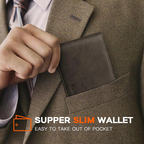 Mens Slim Leather Bifold Wallet With RFID Blocking Minimalist Front Pocket Design Gift Box Included Lifetime Quality Guarantee Durable Card Slots Everyday Carry in suit pocket