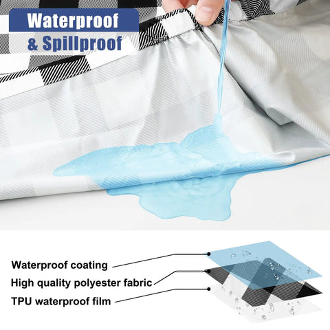 Blue liquid spills on Buffalo Plaid Waterproof 3 Piece Picnic Table Cover Set With Bench Covers, showing waterproof feature.