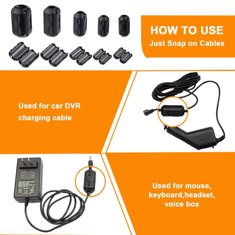 No Nonsense Clip On Ferrite Ring Core EMI RFI Noise Suppressors For Cables 3mm To 13mm showing installation on electronic cables