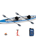 Razorlite 473rl Inflatable Drop Stitch Kayak Pro Package, blue tandem kayak, paddles, pump, repair kit with carry bag.