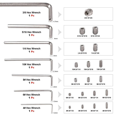 240 Piece SAE Stainless Steel Hex Socket Set With 19 Sizes Internal Hex Drive Cup Point Grub Screws Bolts Assortment Kit Including 7 Hex Wrenches For Serious DIY Jobs showing hex wrenches and screws.