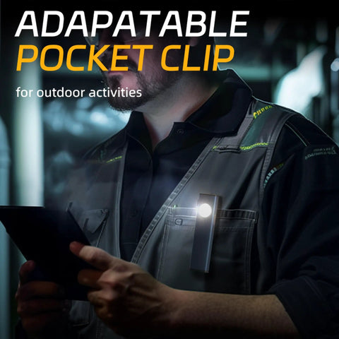 Person using Rechargeable 600 Lumen LED Flashlight With Magnetic COB Flat Light, Pocket Clip, 3 Modes on a work vest