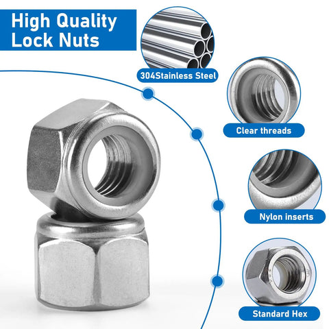 45 Pack 3/8-16 Nylon Lock Nuts In 304 Stainless Steel A2-70, Vibration Resistant Locking Nuts For Automotive And Machinery focus on structure