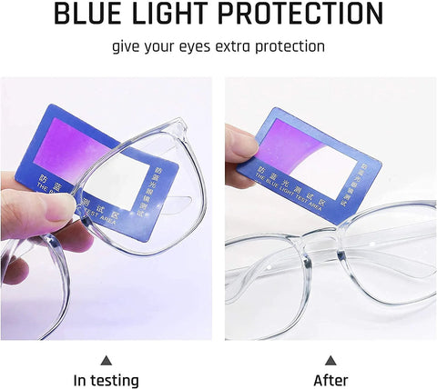 Clear safety goggles with blue light protection test card visible; front and side views.