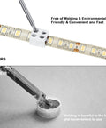 Comparison of solderless LED connector vs traditional soldering, highlighting the 25 Pack Solderless LED Tape Light Connectors Tape To Tape Quick Screw Down Terminal Block 2 Pin For Strip Lights 0.3 Inch 8mm 5V 12V 24V Single Color White DIY Friendly.