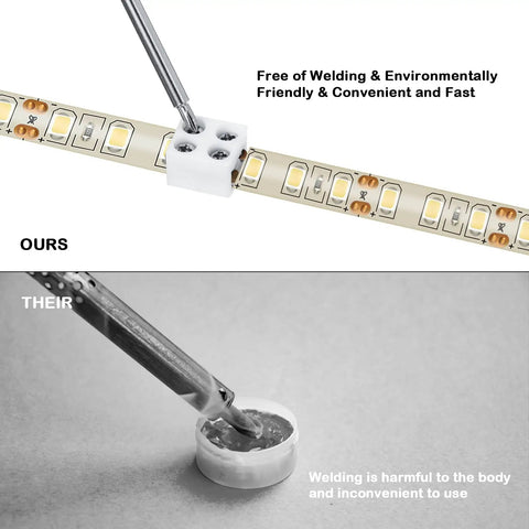 Comparison of solderless LED connector vs traditional soldering, highlighting the 25 Pack Solderless LED Tape Light Connectors Tape To Tape Quick Screw Down Terminal Block 2 Pin For Strip Lights 0.3 Inch 8mm 5V 12V 24V Single Color White DIY Friendly.