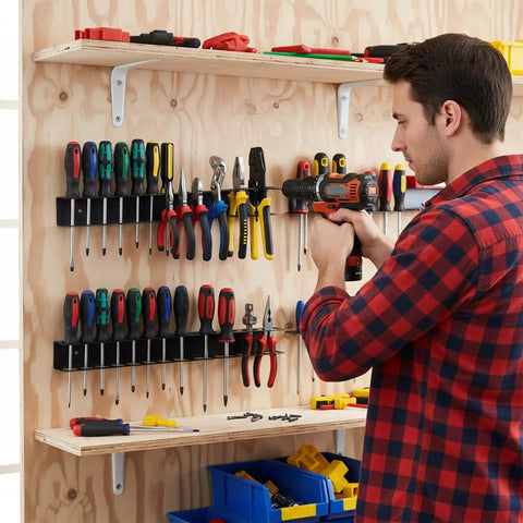 Man using 2 Pack Screwdriver Organizer Wall Mount Set With 28 Tool Capacity 14 Top And Bottom Holes Per Holder Metal Pliers Organizer Fifteen Point Eight Inch Long Space Saving Storage For Garage Workshop And Home Workbench mounted on wall.