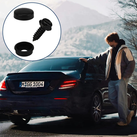 Man standing by car with inset of black stainless steel rustproof license plate screws with caps, 24 piece fasteners kit.