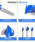 Product details of Top Notch V Groove Router Bit Set Made From Solid Carbide With Double Flutes And A Quarter Inch Shank.