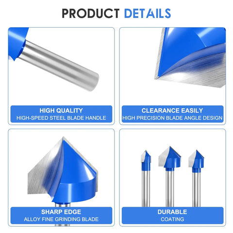 Product details of Top Notch V Groove Router Bit Set Made From Solid Carbide With Double Flutes And A Quarter Inch Shank.