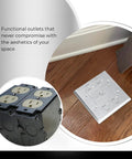 20A Receptacle Floor Box With Flip Lid, Tamper Resistant Electrical Outlet, Nickel Plated Brass Cover on wooden floor